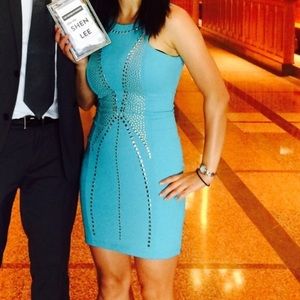 Bebe turquoise studded low back fitted dress xs
